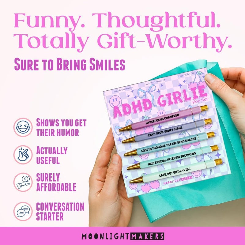 Moonlight Makers - Set of 5 Ballpoint Pens Black Ink - Engraved Funny Pens for Adults - ADHD Girlie Appreciation Adult Gifts - Ideal Desk Decor for Work and Office Desk - Cute Packaging, Handy Clips - Image 3